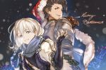  arm_up armor back-to-back blue_eyes braid brown_eyes brown_hair facial_hair granblue_fantasy hat looking_at_viewer male_focus merry_christmas minaba_hideo multiple_boys noa_(granblue_fantasy) official_art rackam_(granblue_fantasy) santa_hat single_braid smile stubble upper_body white_hair 