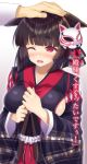  1girl ;d animal_ears azur_lane bad_id bad_pixiv_id bangs black_hair black_kimono black_ribbon blunt_bangs blush breasts cat_ears commander_(azur_lane) commentary_request ears_down eyebrows_visible_through_hair fang floral_print gradient gradient_background hand_on_another's_head highres japanese_clothes kimono kisshii_(kic1224) large_breasts long_sleeves mask mask_on_head nose_blush one_eye_closed open_mouth out_of_frame own_hands_together petting red_eyes ribbon shiny shiny_hair short_hair sideboob smile solo_focus swimsuit translation_request upper_body wide_sleeves yamashiro_(azur_lane) 