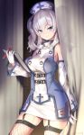 alternate_costume bare_shoulders blue_eyes breasts commentary_request detached_sleeves garter_straps gloves hair_between_eyes holding holding_pen kantai_collection kashima_(kantai_collection) large_breasts pen short_hair silver_hair smile solo twitter_username two_side_up tyone white_gloves 