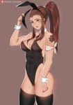  abs animal_ears bare_shoulders black_legwear breasts brigitte_(overwatch) brown_eyes brown_hair bunny_ears bunnysuit cameltoe cleavage covered_navel cuffs detached_collar fake_animal_ears large_breasts leotard necktie overwatch shoulder_tattoo solo tattoo thighhighs tofuubear toned 