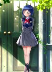  black_legwear blue_hair blurry blurry_foreground blush breasts commentary_request darling_in_the_franxx day depth_of_field door green_eyes grey_jacket grey_skirt hair_ornament hairclip highres ichigo_(darling_in_the_franxx) jacket long_sleeves looking_away looking_to_the_side medium_breasts military military_uniform outdoors parted_lips pleated_skirt school_uniform short_hair skirt socks solo standing sunlight swordsouls uniform 