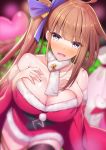  animal bell belt blue_eyes blurry blush breasts brown_hair christmas cleavage commentary commentary_request depth_of_field detached_sleeves dress eyebrows eyebrows_visible_through_hair fal_(girls_frontline) fur_trim girls_frontline hair_ornament hair_ribbon hand_on_own_chest heart large_breasts long_hair looking_at_viewer pet ponytail ribbon scarf side_ponytail single_thighhigh skindentation strapless strapless_dress tanakahazime thigh_strap thighhighs wavy_mouth 