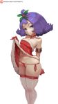  1girl acerola_(pokemon) arms_behind_back bare_shoulders bell bell_choker choker creatures_(company) cutesexyrobutts game_freak highres hips light_smile looking_at_viewer midriff navel nintendo poke_ball pokemon purple_eyes purple_hair short_hair simple_background skindentation skirt skirt_lift smile solo thick_thighs thighs white_background white_legwear wide_hips 