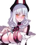  arm_under_breasts blush breast_hold breasts carmilla_(fate/grand_order) commentary_request cosplay curly_hair elizabeth_bathory_(fate) elizabeth_bathory_(fate)_(all) elizabeth_bathory_(fate)_(cosplay) fate/grand_order fate_(series) fingernails large_breasts long_fingernails moe_(hamhamham) simple_background solo tears very_long_fingernails white_hair yellow_eyes 