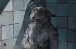  animated anthro chest_tuft clothed clothing eyes_closed feline fur grey_fur hriscia lynx male mammal nude shower solo striped_fur stripes topless tuft 