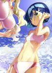  adjusting_hair arm_at_side bangs bikini blonde_hair blue_hair blue_sky blush breast_envy breasts cleavage closed_mouth cloud cloudy_sky commentary_request darling_in_the_franxx day flat_chest green_eyes hair_ornament hairclip hand_up head_out_of_frame ichigo_(darling_in_the_franxx) kokoro_(darling_in_the_franxx) large_breasts long_hair manatsu_natsuka medium_breasts multiple_girls navel ocean out_of_frame pink_bikini shiny shiny_hair short_hair sky solo_focus stomach swimsuit water 