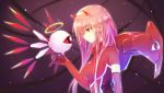  bodysuit breasts crossover darling_in_the_franxx eyebrows_visible_through_hair green_eyes hairband halo highres horns kirby_(series) kirby_64 light_particles long_hair looking_at_another medium_breasts namesake nyaa_(nnekoron) one-eyed pilot_suit pink_hair red_bodysuit red_eyes red_sclera single_eye skin_tight white_hairband wings zero_two_(darling_in_the_franxx) zero_two_(kirby) 
