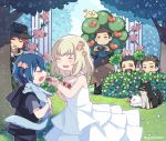  5boys ardyn_izunia beard blonde_hair blue_hair bush camera carbuncle_(final_fantasy) chocobo chocolate chocolate_heart closed_eyes cor_leonis disguise dress facial_hair feeding final_fantasy final_fantasy_xv flower grass hat heart hiding lunafreya_nox_fleuret multiple_boys noctis_lucis_caelum nyx_ulric peeping pryna_(ff15) regis_lucis_caelum rose smile stubble umbra_(ff15) white_dress younger zozakura 