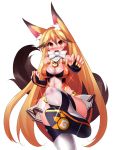  alternate_costume animal_ears bare_shoulders boots bow breasts bridal_gauntlets commentary_request ezo_red_fox_(kemono_friends) fox_ears fox_tail highres japari_symbol kemono_friends large_breasts leotard long_hair looking_at_viewer nagai_wataru orange_eyes orange_hair shiny shiny_clothes solo tail taimanin_(series) taimanin_asagi taimanin_suit thigh_boots thighhighs white_bow white_neckwear 