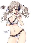  218 2018 ass_visible_through_thighs blonde_hair bra breast_suppress breasts collarbone commentary_request contrapposto cowboy_shot cucouroux_(granblue_fantasy) dated granblue_fantasy hair_ribbon hands_on_own_chest lace lace-trimmed_bra lace-trimmed_panties large_breasts long_hair navel panties pout purple_eyes ribbon shiny shiny_skin simple_background solo speech_bubble standing twintails twitter_username underwear underwear_only wavy_hair white_background white_bra white_panties 