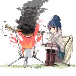  barashiya blue_hair boned_meat boots brown_footwear burning camping chair commentary_request cooking expressionless fire food full_body hair_bun highres knee_boots long_skirt meat monster_hunter monster_hunter:_world motion_lines pantyhose poncho purple_eyes shima_rin short_hair sidelocks simple_background sitting skirt smoke solo spinning white_background you're_doing_it_wrong yurucamp 