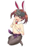  alternate_costume animal_ears black_legwear blush breasts brown_eyes brown_hair bunny_ears bunny_tail bunnysuit covering covering_breasts detached_collar fake_animal_ears fake_tail fang flat_chest from_above full_body ippongui kantai_collection kneeling leotard looking_at_viewer looking_up magatama navel no_shoes nose_blush pantyhose purple_leotard ryuujou_(kantai_collection) shiny shiny_clothes simple_background solo tail tearing_up tears twintails visor_cap white_background wrist_cuffs zipper 