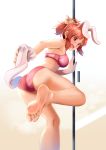  abe_nana animal_ears ass back bangs bare_arms bare_legs bare_shoulders barefoot blush bra breasts brown_eyes brown_hair bunny_ears casino_(casinoep) embarrassed eyebrows_visible_through_hair eyelashes fake_animal_ears feet feet_out_of_frame fingernails from_behind hair_ornament hair_ribbon highres holding idolmaster idolmaster_cinderella_girls indoors kneehighs kneehighs_removed leg_up long_fingernails looking_at_viewer looking_back medium_breasts nail_polish non-web_source nose_blush open_mouth orange_hair panties pink_bra pink_nails pink_panties ponytail ribbon sliding_doors soles solo standing standing_on_one_leg toes underwear white_legwear 