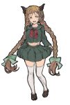  :d alternate_costume bangs braid breasts brown_footwear brown_hair carmelina_(granblue_fantasy) collarbone commentary_request draph full_body granblue_fantasy green_eyes green_neckwear green_ribbon green_sailor_collar green_serafuku green_shirt green_skirt hair_ornament hair_ribbon horns large_breasts loafers long_hair long_sleeves looking_at_viewer medium_skirt midriff navel neckerchief open_mouth pleated_skirt pointy_ears red_neckwear ribbon sabanobori sailor_collar school_uniform serafuku shirt shoes simple_background skirt skirt_hold smile solo standing tareme thighhighs twin_braids twintails very_long_hair white_background white_legwear zettai_ryouiki 