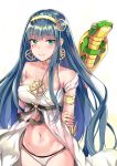  armlet arms_behind_back babydoll bangs bare_shoulders blue_hair blunt_bangs blush breasts buckle cleavage cleopatra_(fate/grand_order) closed_mouth collar cowboy_shot earrings eyebrows_visible_through_hair facial_mark fate/grand_order fate_(series) green_eyes hairband hand_on_own_arm highres jewelry konka lips long_hair looking_at_viewer medium_breasts navel off_shoulder panties ring shiny shiny_hair smile snake solo standing stomach straight_hair two-tone_background underwear underwear_only very_long_hair white_panties 