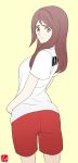  ass brown_eyes brown_hair chris_re5 closed_mouth clothes_writing cowboy_shot devilman devilman_crybaby from_behind frown gym_shirt gym_shorts gym_uniform highres kuroda_miki long_hair looking_at_viewer looking_back red_shorts shirt short_sleeves shorts simple_background solo white_shirt yellow_background 