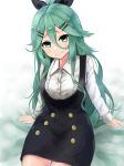  bad_id bad_pixiv_id black_dress black_ribbon dress dress_shirt green_eyes green_hair hair_between_eyes hair_ornament hair_ribbon hairclip kantai_collection long_hair miyako_(miyako_lplover) ponytail ribbon shirt sitting solo white_shirt yamakaze_(kantai_collection) 