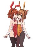  animal_ears black_legwear bow bowtie brown_eyes brown_hair bunny_ears bunny_tail bunnysuit detached_collar flat_chest folded_ponytail ikazuchi_(kantai_collection) inazuma_(kantai_collection) kantai_collection leotard long_hair multiple_girls neck_ribbon one_eye_closed open_mouth pantyhose red_eyes red_leotard red_neckwear ribbon short_hair simple_background smile standing strapless strapless_leotard tail thighhighs unagiman white_background wrist_cuffs yellow_leotard yellow_neckwear 