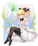  artoria_pendragon_(all) bangs bare_shoulders black_bow black_legwear blonde_hair blue_eyes blush bow breasts brown_footwear closed_mouth commentary_request detached_collar dress eyebrows_visible_through_hair fate/grand_order fate_(series) flower frilled_dress frills full_body gloves hair_between_eyes hair_bow high_ponytail highres lily_(flower) long_hair looking_at_viewer medium_breasts object_namesake pantyhose ponytail saber_lily shiosoda shoes sidelocks sitting skirt_hold solo strapless strapless_dress white_dress white_gloves 