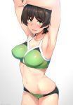  1girl ahoge armpits arms_up belly blush breasts brown_hair buruma devilman devilman_crybaby eyebrows green_eyes looking_at_viewer makimura_miki medium_breasts navel open_mouth short_hair shorts simple_background smile solo stomach white_background 