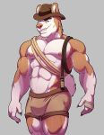  2017 abs anthro biceps black_claws black_eyebrows blue_eyes boxers_(clothing) brown_bottomwear brown_clothing brown_fur brown_nose brown_underwear bulge canine claws clothed clothing costume digital_media_(artwork) dog eyebrows fur grey_background hat hi_res husky indiana_jones knuxlight looking_at_viewer male mammal multicolored_fur muscular muscular_male pecs pepsi_(fa) pinup portrait pose rope siberian_husky simple_background smile smirk solo standing teeth three-quarter_portrait topless trent_whaley two_tone_fur underwear whip white_fur white_tail 