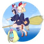  :d ^_^ alternate_costume ancolatte_(onikuanco) animal_ears black_hair black_robe blonde_hair bow broom broom_riding brown_eyes cage closed_eyes commentary common_raccoon_(kemono_friends) cosplay extra_ears fennec_(kemono_friends) flying food fox_ears gloves grey_gloves hair_bow hairband highres hug hug_from_behind kemono_friends kiki kiki_(cosplay) lucky_beast_(kemono_friends) majo_no_takkyuubin multicolored_hair multiple_girls multiple_riders open_mouth pointing pun raccoon_ears raccoon_tail red_footwear short_hair smile striped_tail tail white_hair 