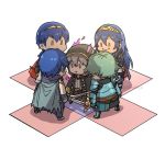  4boys alm_(fire_emblem) armor blue_hair chibi commentary_request dark_persona evil_smile falchion_(fire_emblem) fire_emblem fire_emblem:_kakusei fire_emblem:_monshou_no_nazo fire_emblem_echoes:_mou_hitori_no_eiyuuou fire_emblem_heroes gameplay_mechanics gimurei gloves green_hair highres holding holding_sword holding_weapon krom long_hair lucina male_my_unit_(fire_emblem:_kakusei) marth multiple_boys my_unit_(fire_emblem:_kakusei) okuma_yuugo red_eyes robe short_hair smile surrounded sword weapon weapon_connection white_hair ||_|| 
