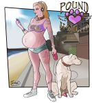  2018 animal_genitalia animal_penis beach blonde_hair canine canine_penis cellphone clothing collar dog english_text eyebrow_piercing facial_piercing female feral hair human knot leash male mammal navel navel_piercing pawprint penis phone piercing poking_out pregnant profanity seaside sheath tattoo text thong turria water 