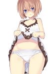  angry bare_shoulders blanc blancpig_yryr blue_eyes blush breasts brown_hair cleavage collarbone cowboy_shot dress dress_lift embarrassed frown hair_between_eyes highres looking_at_viewer navel neptune_(series) panties short_hair simple_background small_breasts solo spaghetti_strap underwear white_background white_dress white_panties 