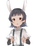  animal_ears arare_(kantai_collection) arm_warmers bangs black_hair blush brown_eyes bunny_ears collared_shirt commentary_request highres kantai_collection kemonomimi_mode looking_at_viewer no_hat no_headwear ooyama_imo open_mouth shirt short_hair short_sleeves sidelocks simple_background skirt solo suspender_skirt suspenders upper_body upper_teeth white_background white_shirt 