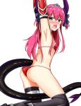  aikawa_ryou arm_up armor armpits ass asymmetrical_legwear bangs bikini_armor black_legwear blue_eyes blush breasts commentary_request curled_horns dragon_horns dragon_tail elizabeth_bathory_(brave)_(fate) elizabeth_bathory_(fate)_(all) eyebrows_visible_through_hair fate/grand_order fate_(series) hair_between_eyes hair_ribbon highres horns kneeling long_hair looking_at_viewer looking_to_the_side nose_blush open_mouth over-kneehighs pauldrons pink_hair pointy_ears purple_ribbon ribbon silver_trim simple_background single_over-kneehigh single_thighhigh small_breasts solo tail thighhighs tiara two_side_up vambraces very_long_hair white_background 