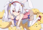  :o all_fours animal_ears azur_lane bangs bare_arms bare_shoulders blue_bow blush bow breasts bunny_ears bunnysuit commentary_request detached_collar eyebrows_visible_through_hair fake_animal_ears fingernails fishnet_pantyhose fishnets gochou_(atemonai_heya) grey_background hair_between_eyes hair_ornament hairband high_heels laffey_(azur_lane) leotard long_hair looking_at_viewer necktie pantyhose parted_lips pink_leotard purple_neckwear red_eyes red_footwear red_hairband silver_hair small_breasts solo strapless strapless_leotard stuffed_animal stuffed_bird stuffed_toy thighhighs thighhighs_over_pantyhose twintails very_long_hair white_collar white_legwear wrist_cuffs 