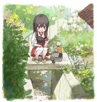  akagi_(kantai_collection) bag blush_stickers border bug butterfly commentary_request flower hakama_skirt insect kantai_collection long_hair looking_down plant scenery shijukara_(great_tit) squatting tasuki thermos thighhighs white_legwear younger zouri 