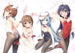  ;d adjusting_clothes adjusting_leotard akatsuki_(kantai_collection) animal_ears ass black_hair black_leotard blue_eyes blush breasts brown_eyes brown_hair bunny_ears bunny_girl bunny_tail bunnysuit cleavage covered_navel folded_ponytail garter_belt hair_ornament hairclip hand_on_hip hat hibiki_(kantai_collection) ikazuchi_(kantai_collection) inazuma_(kantai_collection) kantai_collection leotard long_hair looking_at_viewer masuishi_kinoto multiple_girls one_eye_closed open_mouth pantyhose pink_leotard red_leotard sideboob silver_hair small_breasts smile sweatdrop tail thighhighs v-shaped_eyebrows verniy_(kantai_collection) white_leotard 