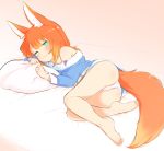  1girl animal_ears ass bare_legs barefoot belt expressionless feet fox_ears fox_tail full_body green_eyes heterochromia long_sleeves looking_at_viewer lying medium_hair nezumi_inu off_shoulder on_side orange_hair original panties pantyshot pantyshot_(lying) pillow pillow_grab soles sweater tail underwear white_panties yellow_eyes 