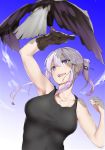  :d alternate_costume animal arm_up armpits azur_lane bald_eagle bangs bird black_ribbon blue_sky breasts brown_gloves cloud collarbone day eagle enterprise_(azur_lane) falconry gloves hair_ribbon highres large_breasts long_hair looking_up open_mouth outdoors pirapirapirapira ponytail ribbon shiny shiny_hair sidelocks silver_hair single_glove sky sleeveless smile solo talons tank_top upper_body upper_teeth 