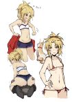  1girl animal ass belt bikini black_hair black_legwear blush braid breasts cleavage collarbone fang fate/grand_order fate_(series) green_eyes hand_on_hip long_hair micro_bikini midriff mordred_(fate) mordred_(fate)_(all) nakatokung navel ponytail red_bikini shorts sideboob simple_background sitting sitting_on_face sitting_on_person small_breasts swimsuit thighs translated underboob white_background wide_hips 