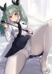  anchovy anzio_school_uniform ass_visible_through_thighs backlighting bed_sheet black_neckwear black_ribbon blush breasts brown_eyes collared_shirt crotch_seam drill_hair feet foreshortening girls_und_panzer green_hair hair_ribbon head_tilt highres holding holding_hands kagematsuri knee_up looking_at_viewer lying medium_breasts necktie no_shoes nose_blush on_back on_bed panties panties_under_pantyhose pantyhose pantyshot pantyshot_(lying) parted_lips ribbon riding_crop shirt smile solo thighs toes twin_drills twintails underwear white_legwear white_panties wing_collar 