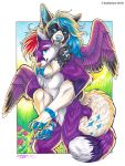  2018 anthro black_lips blue_eyes blue_nose canine digitigrade dog feathered_wings feathers female fox fur hybrid kashmere male mammal nude purple_feathers purple_fur standing wings 