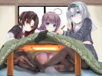  3girls ahoge aqua_eyes blush brown_hair feet hairband hinatsuru_ai kotatsu long_hair looking_at_viewer multiple_girls no_shoes pantyhose red_eyes ryuuou_no_oshigoto! serafuku smile soles sora_ginko under_kotatsu yashajin_ai 