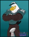  2018 abs american_football avian award big_biceps big_pecs big_penis bird bottomless clothed clothing convenient_censorship darkened_genitals darkmoontoons eagle flaccid green_eyes jersey male muscular muscular_male nfl pecs penis philadelphia_eagles solo sport super_bowl swoop_(philadelphia_eagles) trophy 