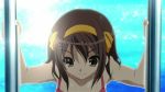  00s 1girl animated animated_gif belly bikini breasts cleavage female medium_breasts solo suzumiya_haruhi suzumiya_haruhi_no_yuuutsu swimsuit water wet 