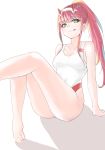  bare_arms bare_legs barefoot breasts cleavage darling_in_the_franxx eyebrows_visible_through_hair full_body green_eyes half-closed_eyes highres horns legs licking_lips long_hair makeup mascara medium_breasts pink_hair ponytail shignonpencil sitting smile solo swimsuit tongue tongue_out zero_two_(darling_in_the_franxx) 