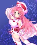  blue_eyes breasts commentary_request elbow_gloves facial_mark gloves hat highleg highres houshin_engi large_breasts leotard long_hair looking_at_viewer pink_hair smile so_dakki solo thighhighs toba_06 very_long_hair white_legwear 