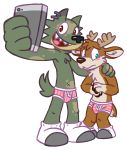  blush briefs cervine clothed clothing darwin_(tinydeerguy) deer duo embarrassed goronic legwear male mammal max_(goronic) navel pink_underwear selfie socks striped_underwear topless underwear white_socks 