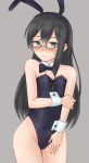  alternate_costume animal_ears bare_legs bare_shoulders black-framed_eyewear black_hair black_leotard blue_eyes breasts bunny_ears bunnysuit commentary_request detached_collar embarrassed fake_animal_ears glasses kantai_collection leotard long_hair ooyodo_(kantai_collection) open_mouth riki_(905060) semi-rimless_eyewear small_breasts solo strapless strapless_leotard wrist_cuffs 