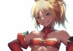  :d bangs bare_shoulders blush braid breasts closed_eyes collar detached_sleeves fate/apocrypha fate_(series) french_braid grin highres long_hair looking_at_viewer medium_breasts mordred_(fate) mordred_(fate)_(all) open_mouth parted_bangs ponytail rahato sidelocks simple_background smile solo strapless teeth tsurime tubetop underboob upper_body white_background 