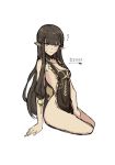  apron black_hair blush breasts character_name cleavage fate/apocrypha fate_(series) flying_sweatdrops long_hair looking_at_viewer medium_breasts nakatokung naked_apron pointy_ears semiramis_(fate) simple_background sitting solo very_long_hair white_background yellow_eyes 