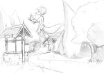  avian bird black_and_white breasts building butt canine casual_nudity female forest hair hi_res house invalid_tag macro mammal monochrome mountain nude shieltar short_hair smile solo tree village well wolf 