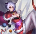  angel_(kof) animal_ears bell bell_choker blue_eyes breasts candy capelet cat_ears choker christmas cleavage food gloves highres kemonomimi_mode large_breasts lollipop oroo pantyhose paw_pose silver_hair slit_pupils solo swirl_lollipop the_king_of_fighters unzipped whisker_markings white_gloves white_legwear yarn yarn_ball 